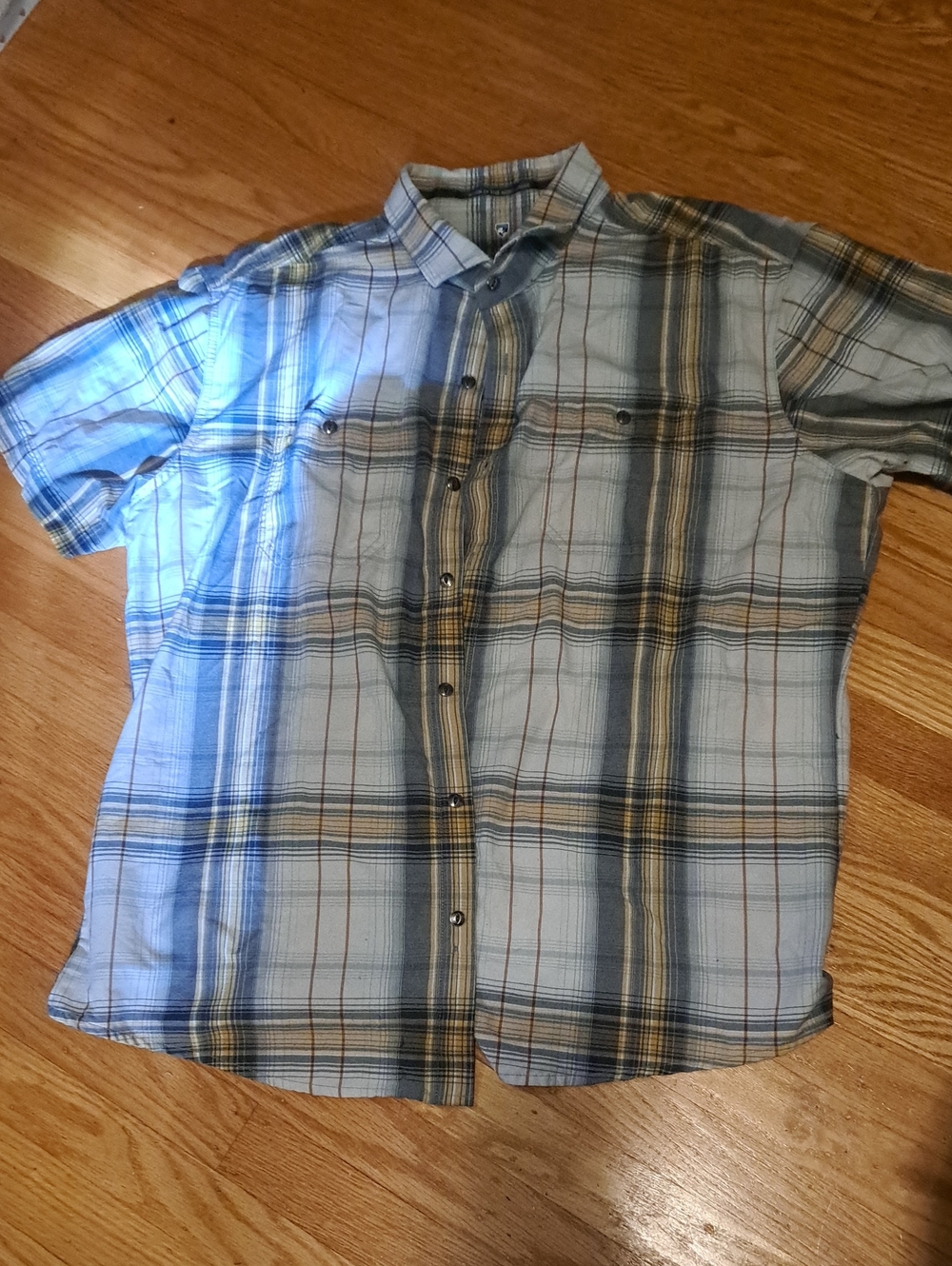 Kuhl Men's Light Blue and Yellow Plaid Short-Sleeve Button-Down Shirt